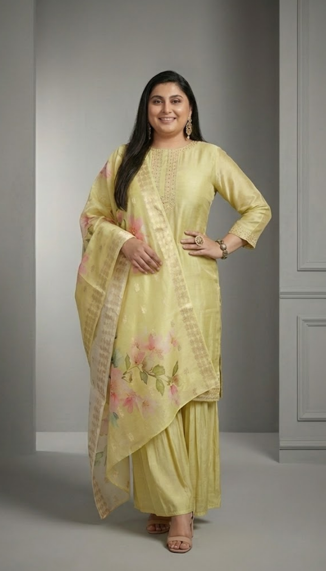 Lemon Yellow Handblock Anarkali Set with Dupatta (3-Piece Elegance)