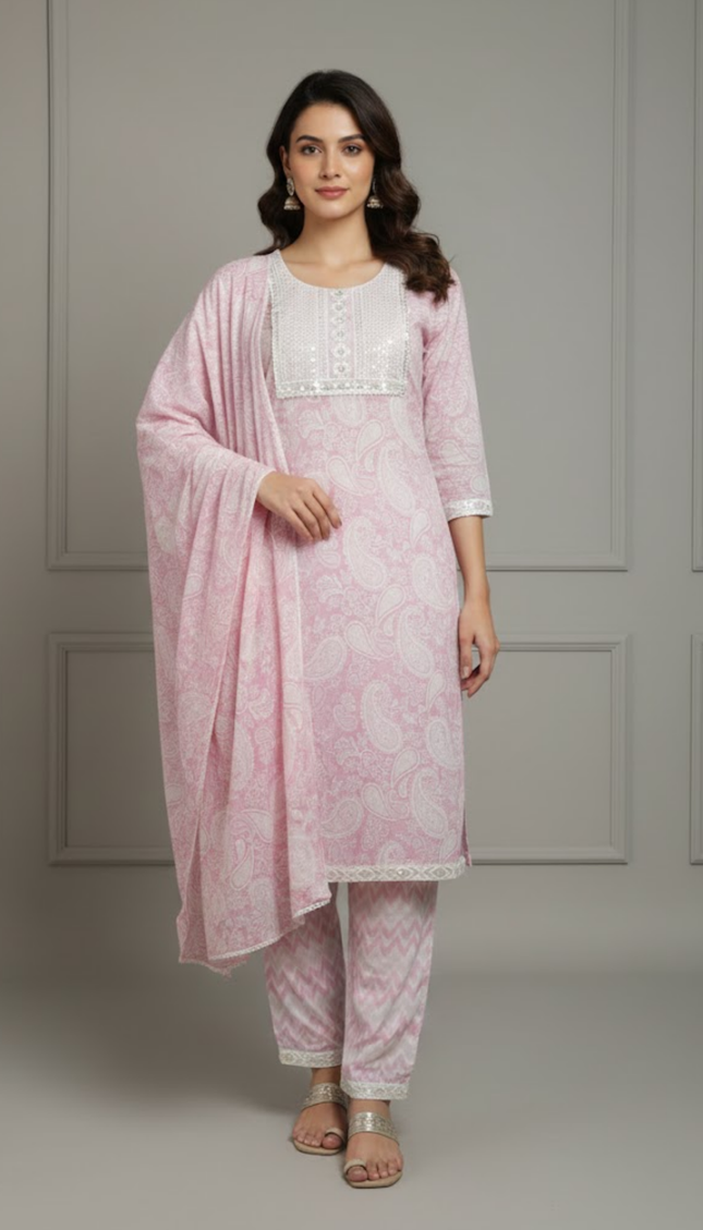 Soft Rose Printed Cotton Suit Set with Lace Detailing (3-Piece)