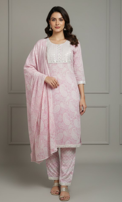 Soft Rose Printed Cotton Suit Set with Lace Detailing (3-Piece)