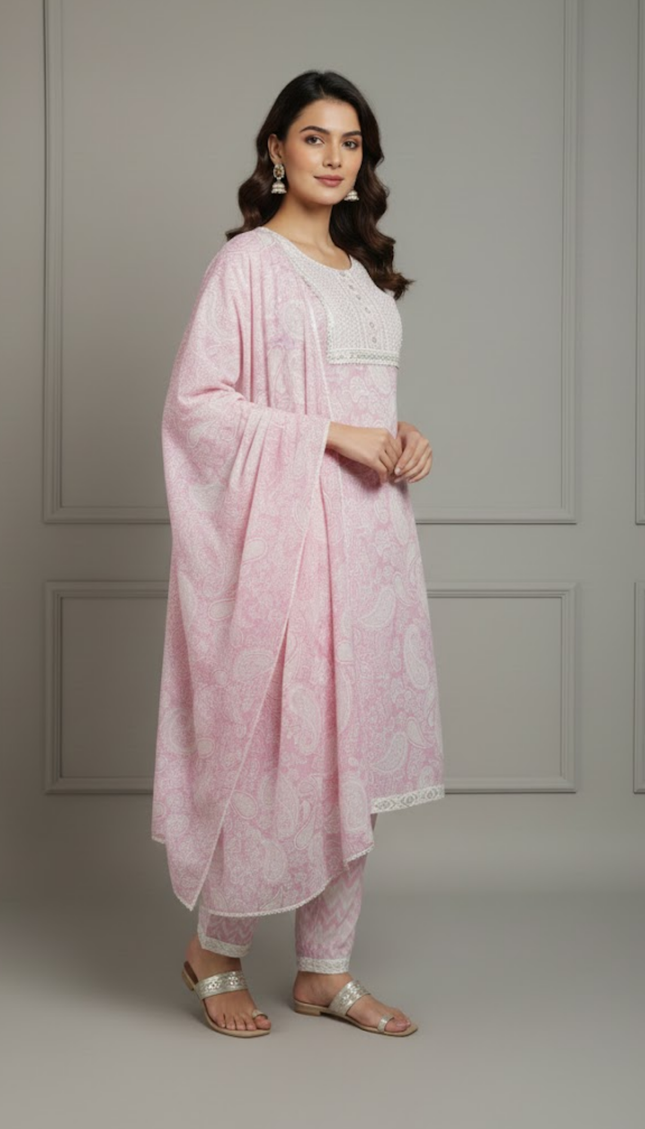 Soft Rose Printed Cotton Suit Set with Lace Detailing (3-Piece)