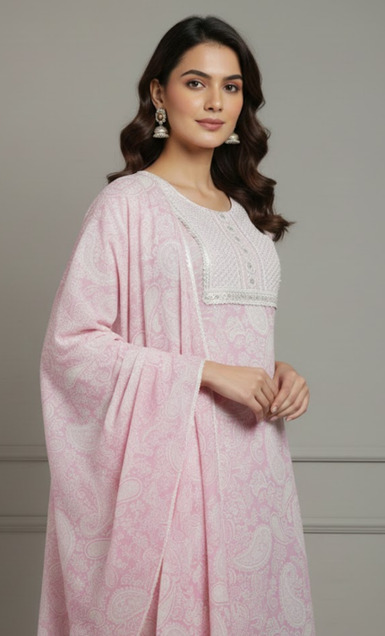 Soft Rose Printed Cotton Suit Set with Lace Detailing (3-Piece)