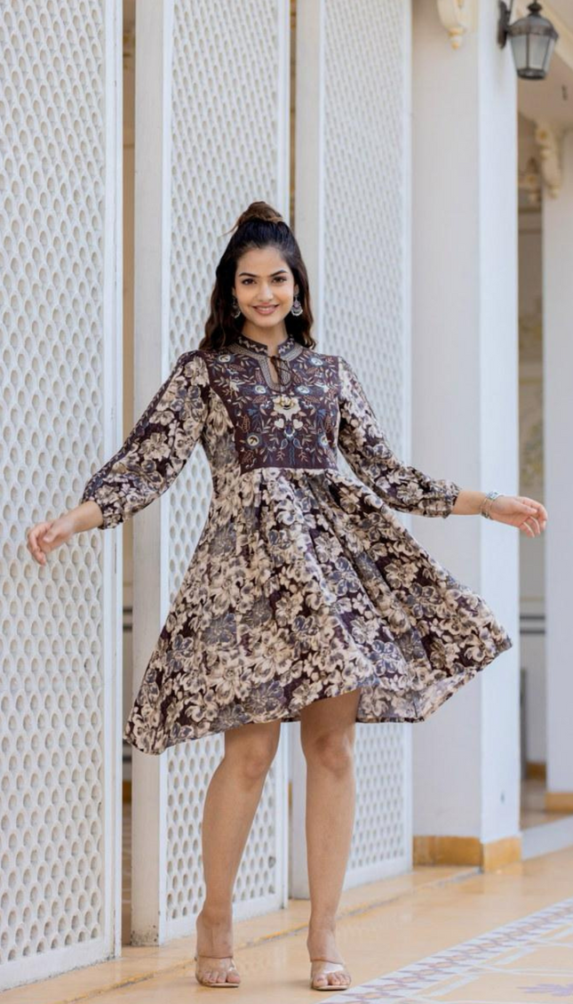 Espresso Elegance Puff Sleeve Frock