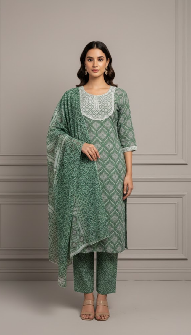 Bottle Green Floral Printed Cotton Punjabi Suit with Lace Neckline
