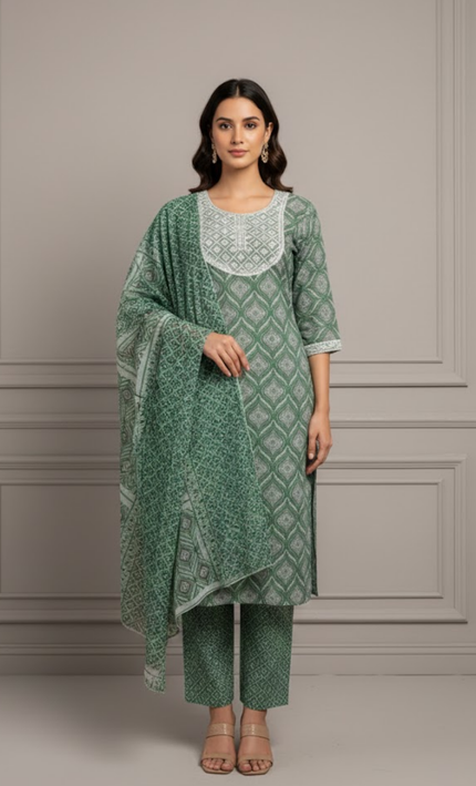 Bottle Green Floral Printed Cotton Punjabi Suit with Lace Neckline