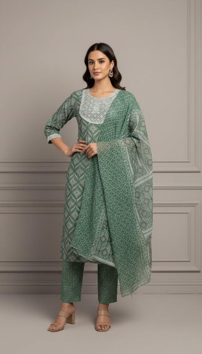 Bottle Green Floral Printed Cotton Punjabi Suit with Lace Neckline