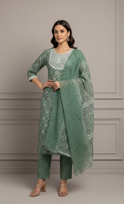 Bottle Green Floral Printed Cotton Punjabi Suit with Lace Neckline