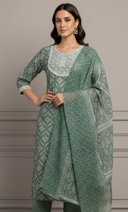 Bottle Green Floral Printed Cotton Punjabi Suit with Lace Neckline