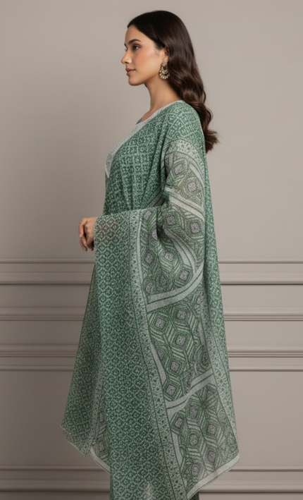 Bottle Green Floral Printed Cotton Punjabi Suit with Lace Neckline