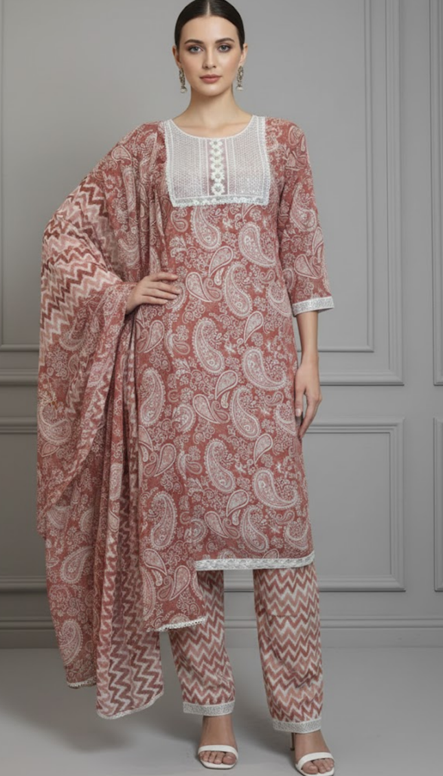 Rust Red Printed Cotton Punjabi Suit Set with Lace Detailing