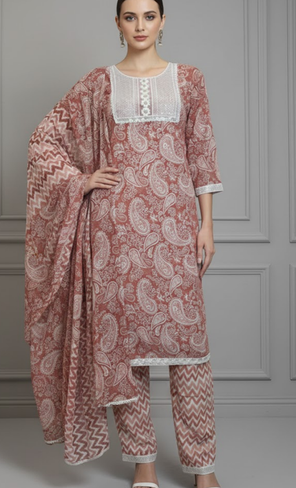 Rust Red Printed Cotton Punjabi Suit Set with Lace Detailing