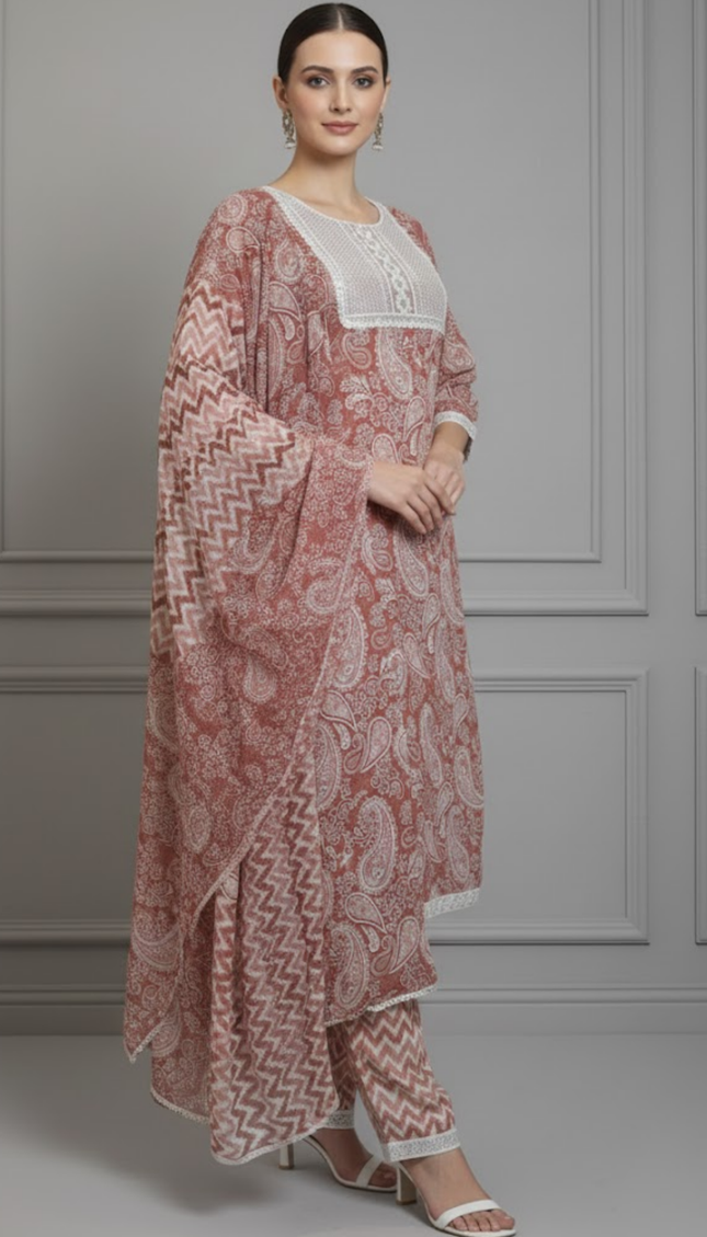 Rust Red Printed Cotton Punjabi Suit Set with Lace Detailing