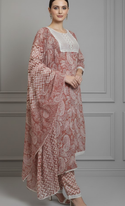 Rust Red Printed Cotton Punjabi Suit Set with Lace Detailing