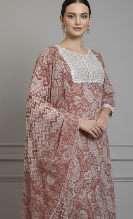 Rust Red Printed Cotton Punjabi Suit Set with Lace Detailing