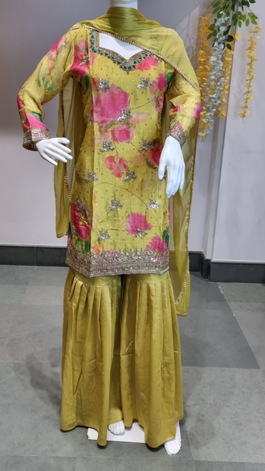 Royal Radiance Greenish-Yellow Punjabi Sharara Suit