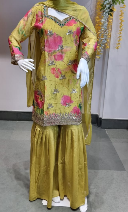 Royal Radiance Greenish-Yellow Punjabi Sharara Suit