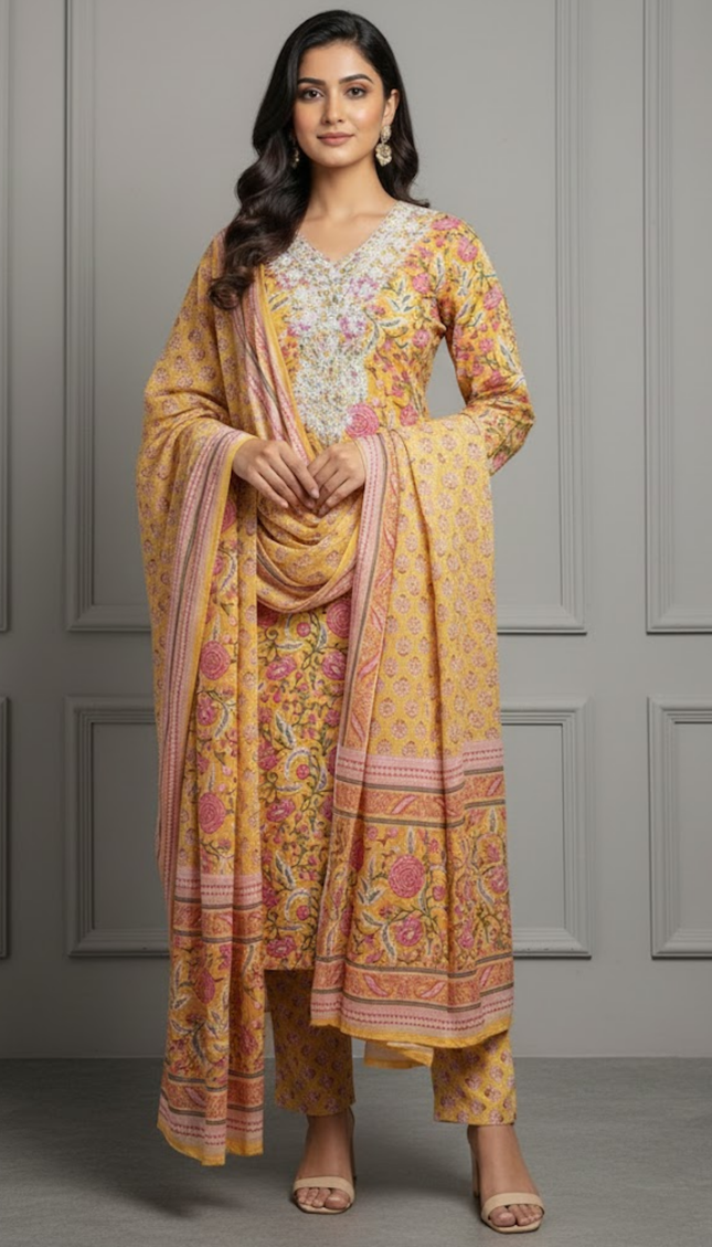 Floral Printed Mustard Punjabi Suit Set with White Thread Embroidery