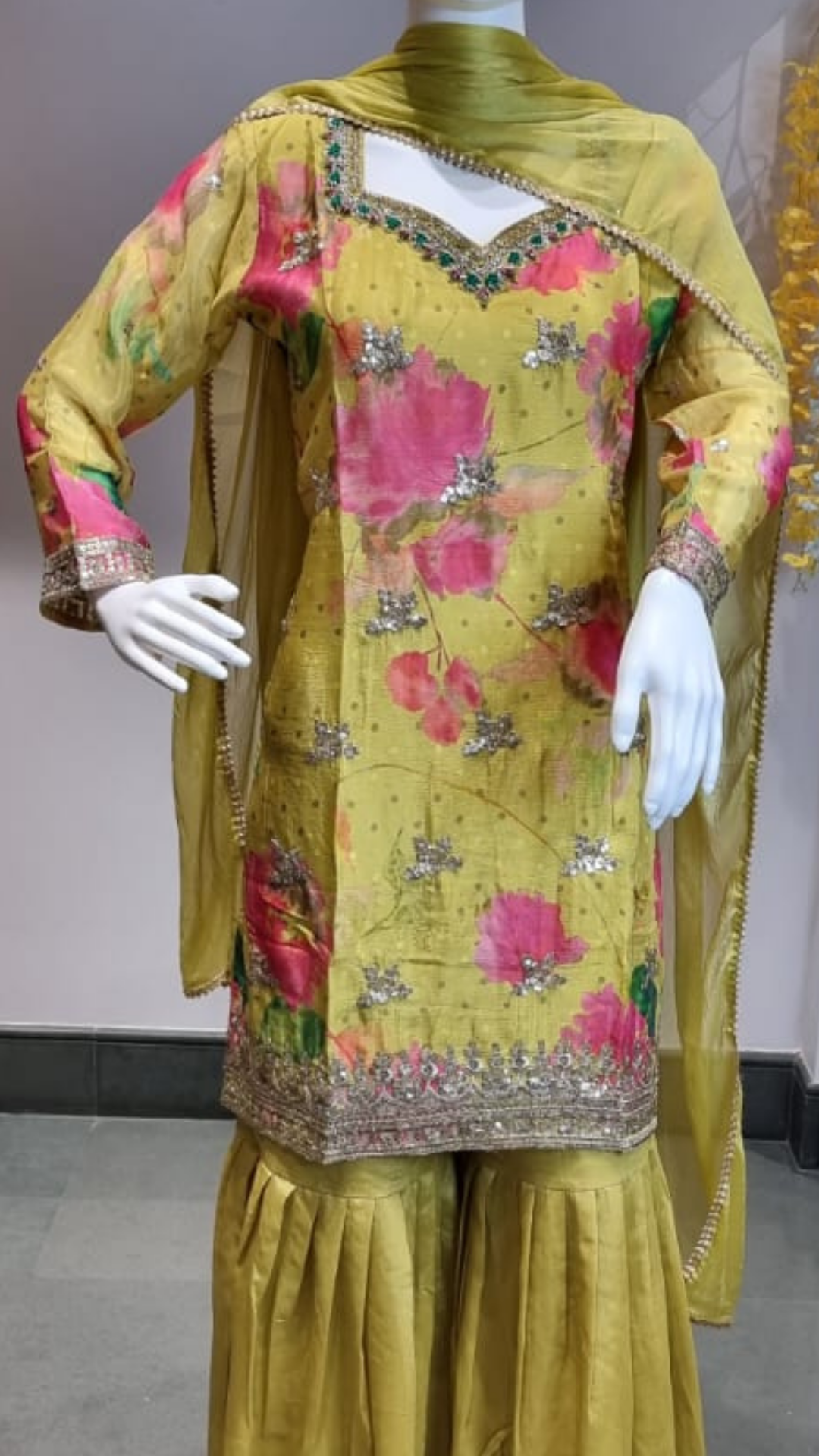 Royal Radiance Greenish-Yellow Punjabi Sharara Suit