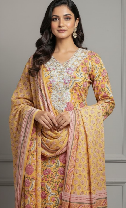 Floral Printed Mustard Punjabi Suit Set with White Thread Embroidery