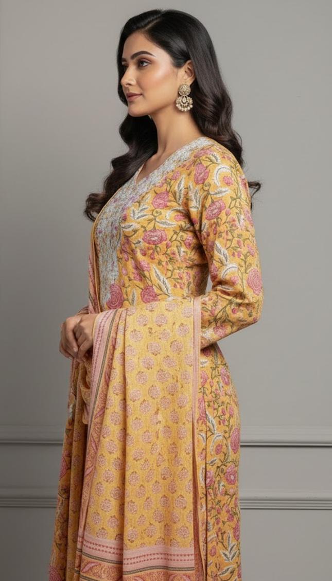 Floral Printed Mustard Punjabi Suit Set with White Thread Embroidery