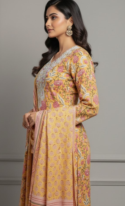 Floral Printed Mustard Punjabi Suit Set with White Thread Embroidery
