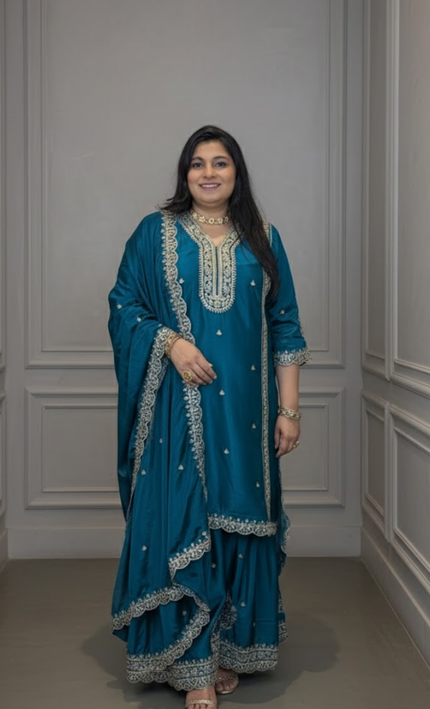 Teal Blue Embroidered Sharara Punjabi Suit Set
