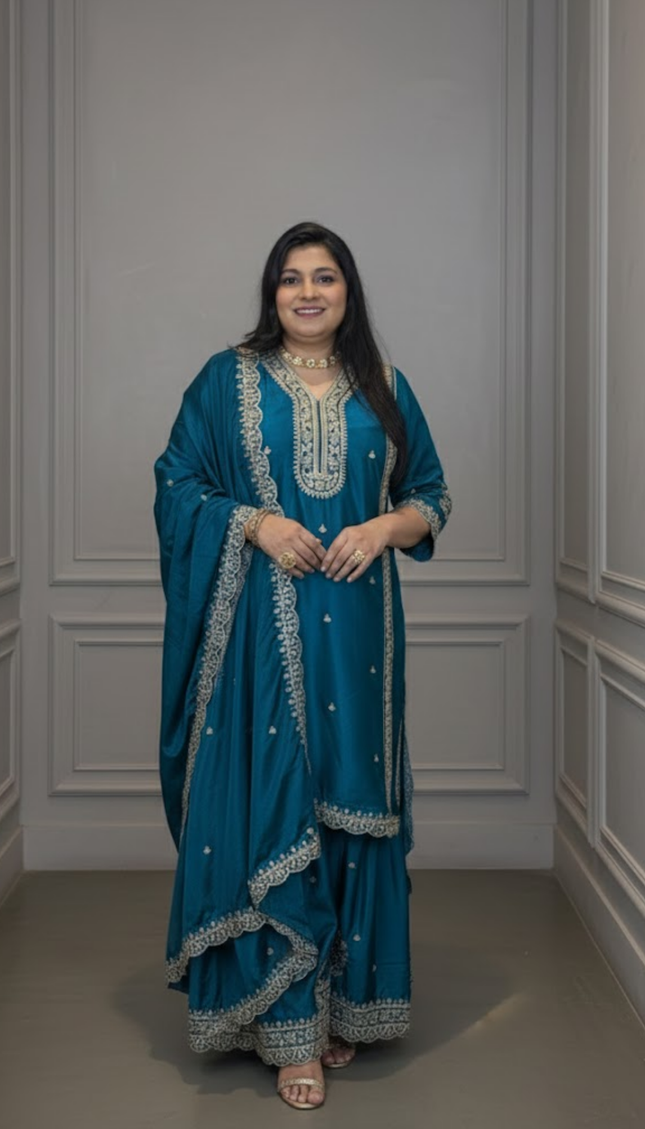 Teal Blue Embroidered Sharara Punjabi Suit Set