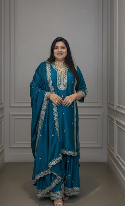 Teal Blue Embroidered Sharara Punjabi Suit Set