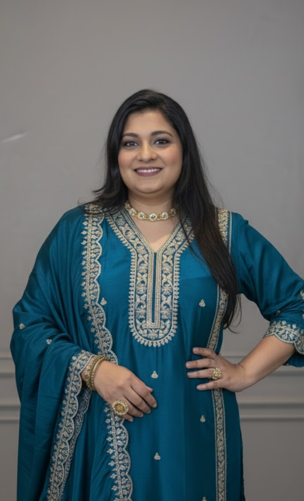 Teal Blue Embroidered Sharara Punjabi Suit Set