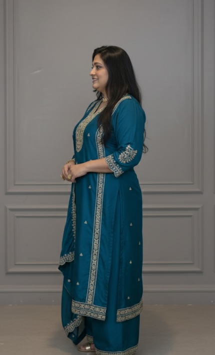Teal Blue Embroidered Sharara Punjabi Suit Set