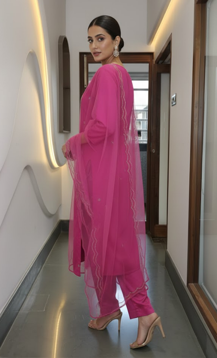 Magenta Mirror Work Suit Set with Net Dupatta (3-Piece Festive Edit)