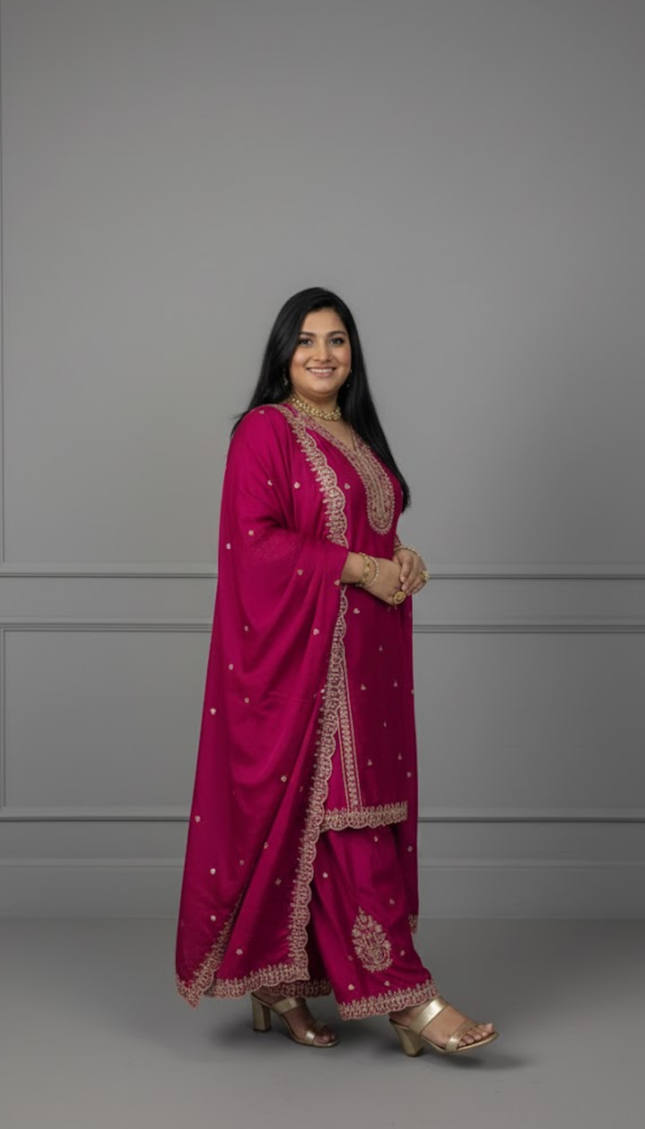 Magenta Pink Heavy Embroidered Punjabi Suit Set