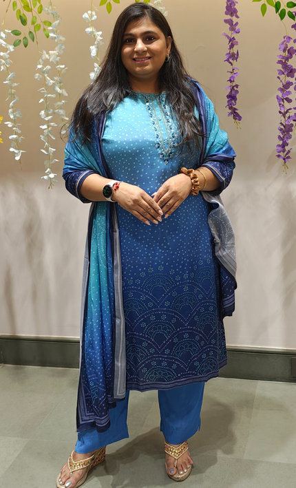 Serenity Blue Bandhani Muslin Silk Suit