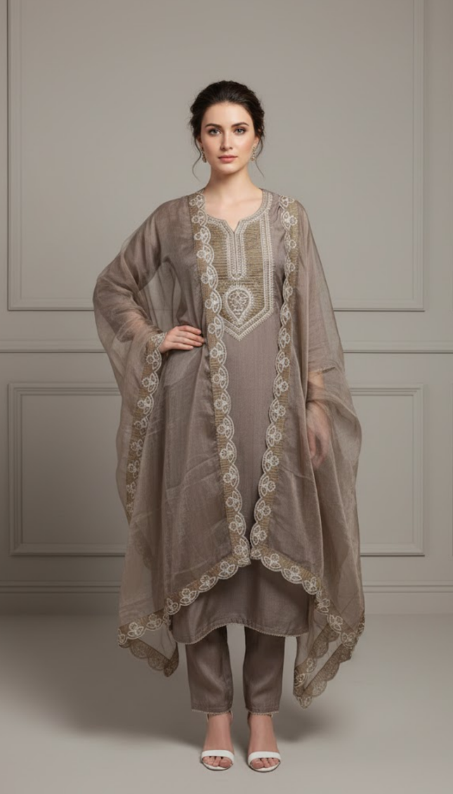 Mocha Brown Hand-Embroidered Punjabi Suit Set with Dupatta