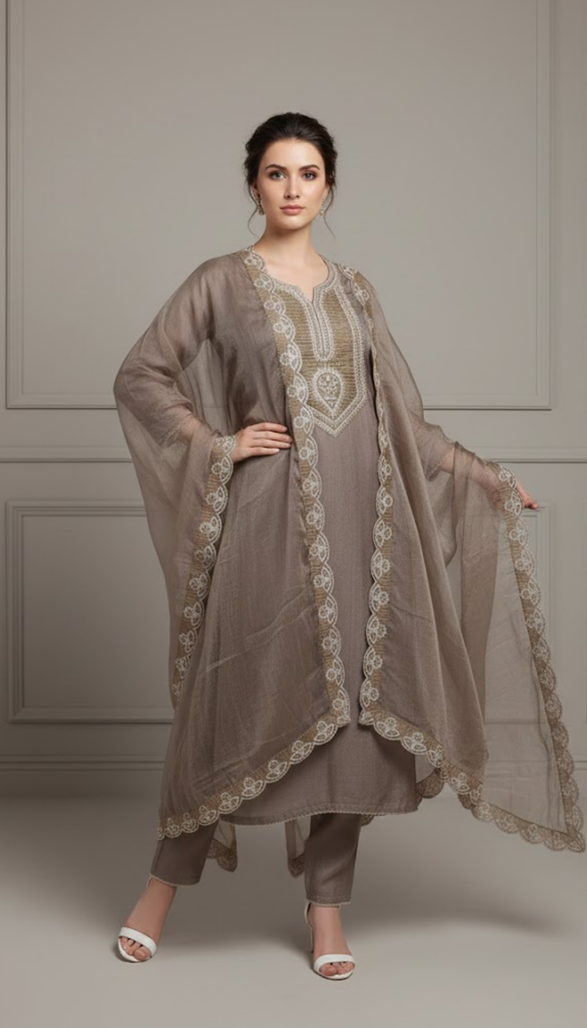 Mocha Brown Hand-Embroidered Punjabi Suit Set with Dupatta