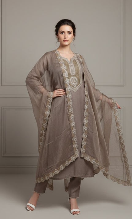Mocha Brown Hand-Embroidered Punjabi Suit Set with Dupatta