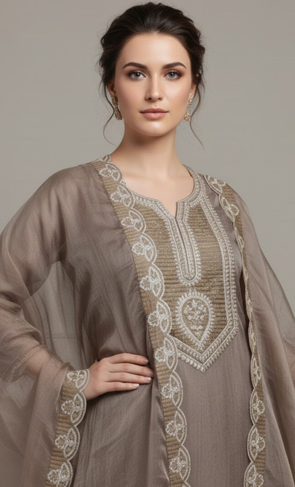 Mocha Brown Hand-Embroidered Punjabi Suit Set with Dupatta
