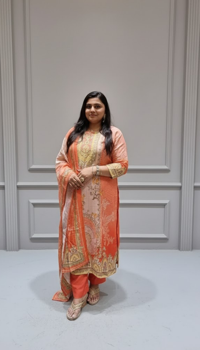 Peach & Coral Printed Punjabi Suit with Subtle Embroidery
