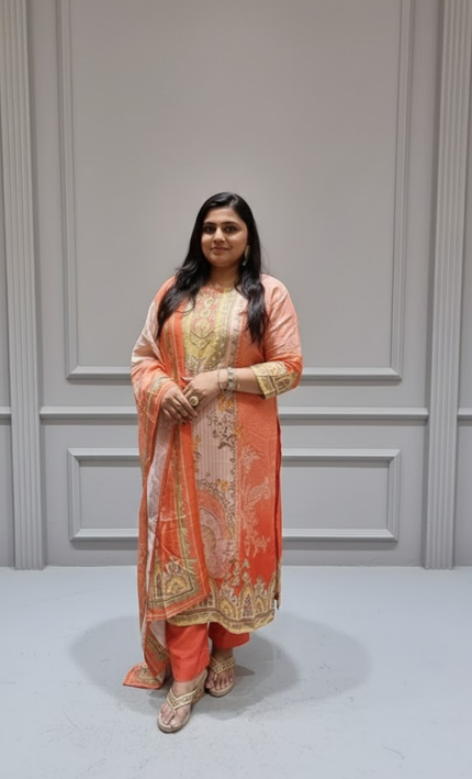 Peach & Coral Printed Punjabi Suit with Subtle Embroidery
