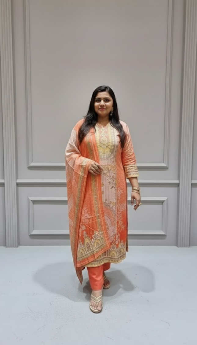 Peach & Coral Printed Punjabi Suit with Subtle Embroidery