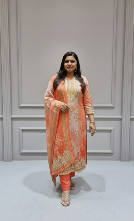 Peach & Coral Printed Punjabi Suit with Subtle Embroidery