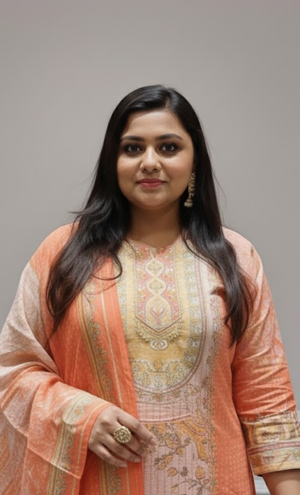 Peach & Coral Printed Punjabi Suit with Subtle Embroidery