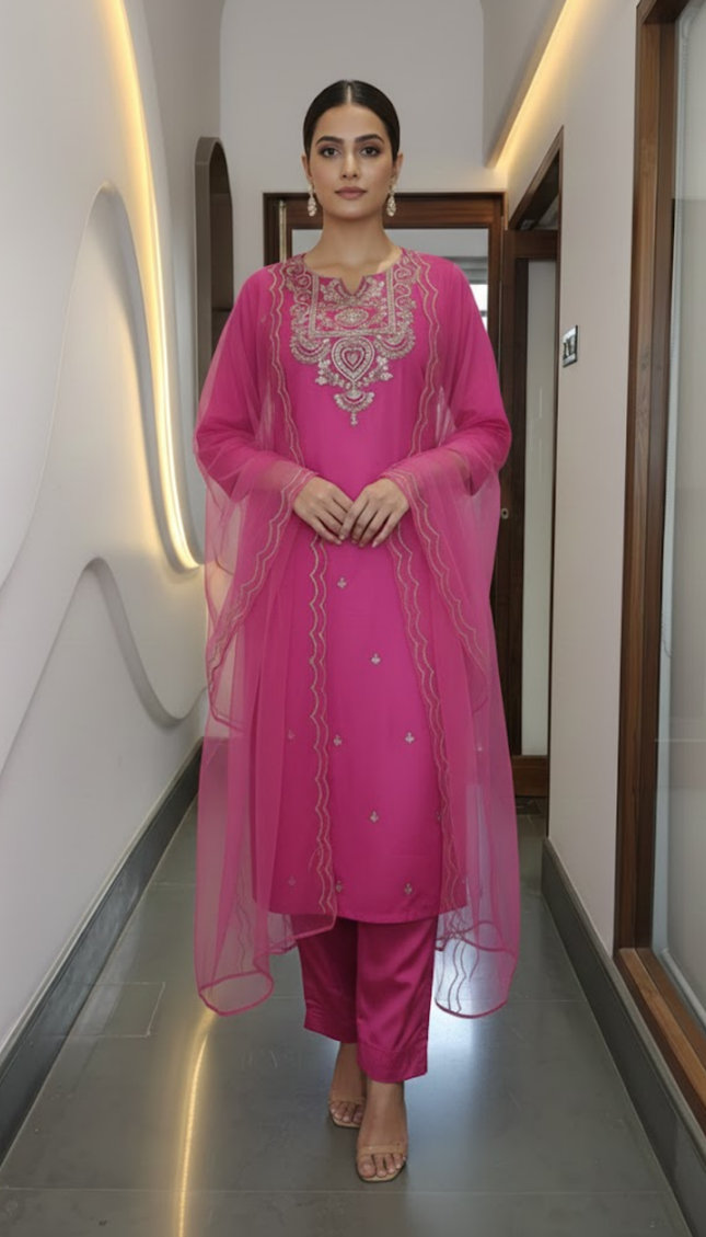 Magenta Mirror Work Suit Set with Net Dupatta (3-Piece Festive Edit)