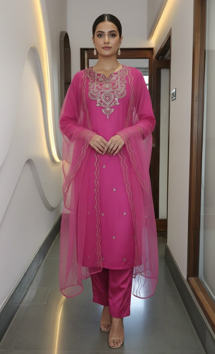 Magenta Mirror Work Suit Set with Net Dupatta (3-Piece Festive Edit)