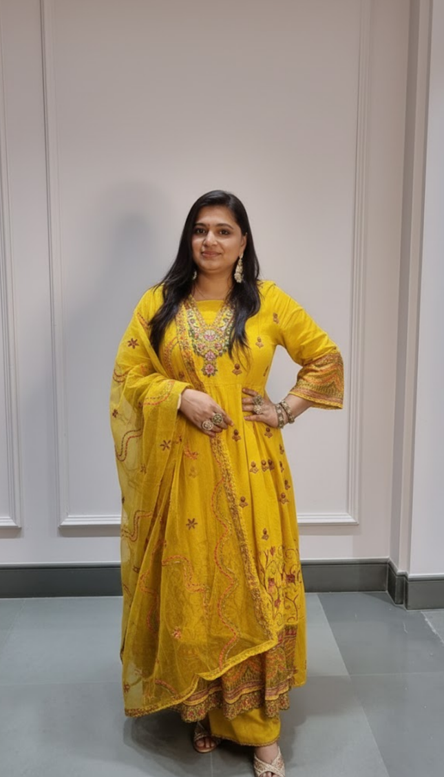 Radiant Yellow Hand-Embroidered Anarkali Punjabi Suit Set