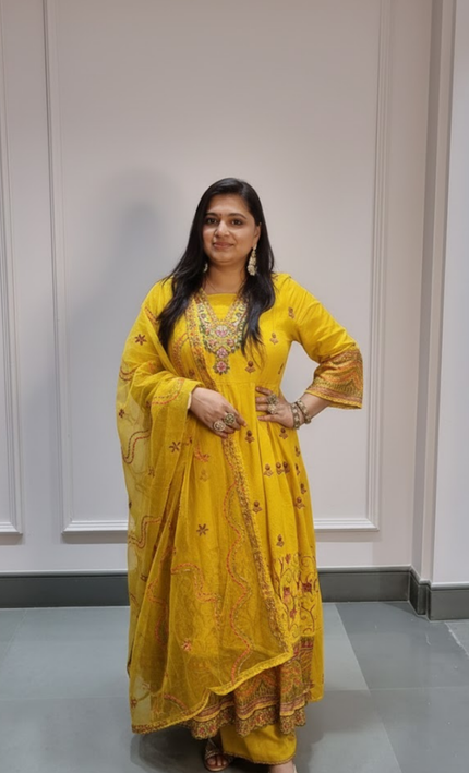 Radiant Yellow Hand-Embroidered Anarkali Punjabi Suit Set
