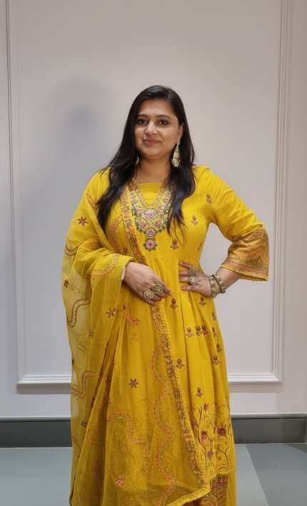 Radiant Yellow Hand-Embroidered Anarkali Punjabi Suit Set
