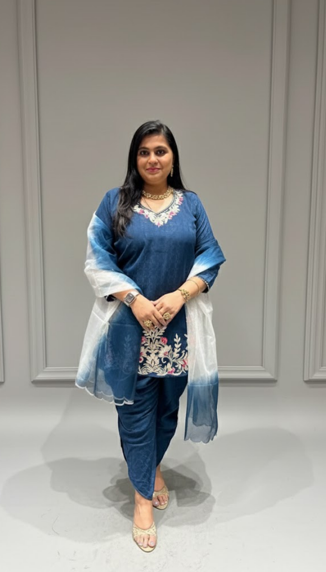 Navy Blue Embroidered Punjabi Suit with Dupatta