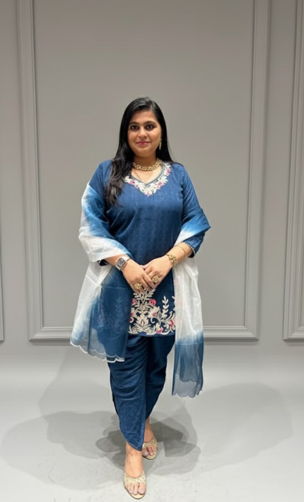 Navy Blue Embroidered Punjabi Suit with Dupatta