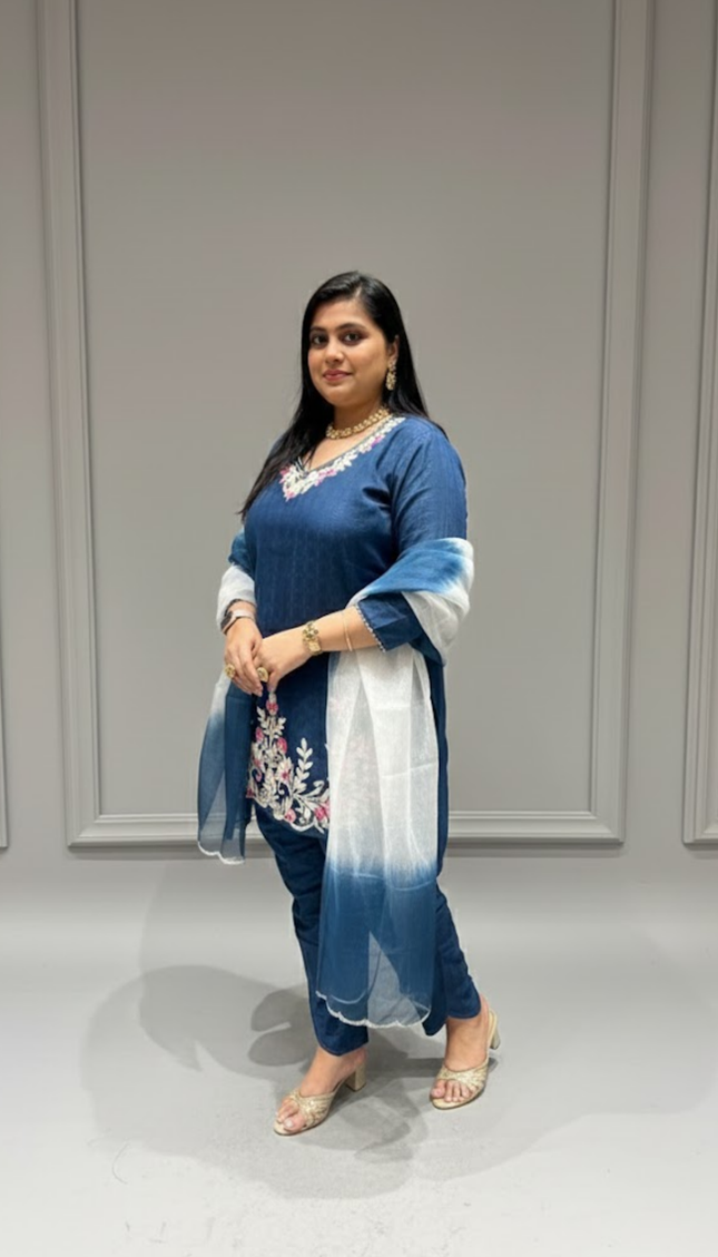 Navy Blue Embroidered Punjabi Suit with Dupatta