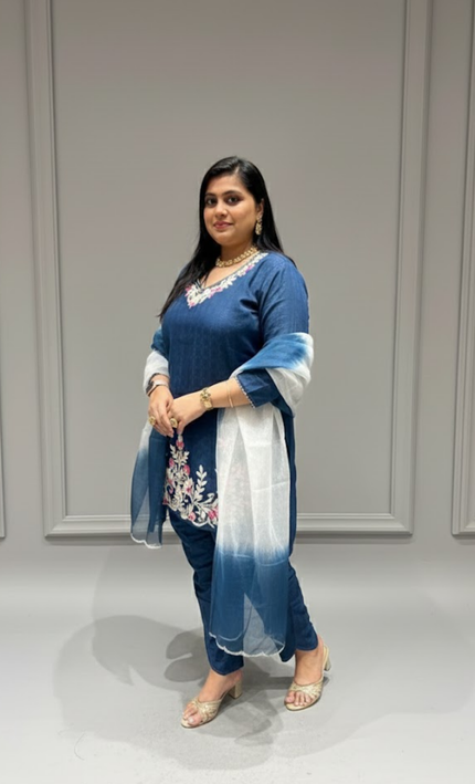 Navy Blue Embroidered Punjabi Suit with Dupatta